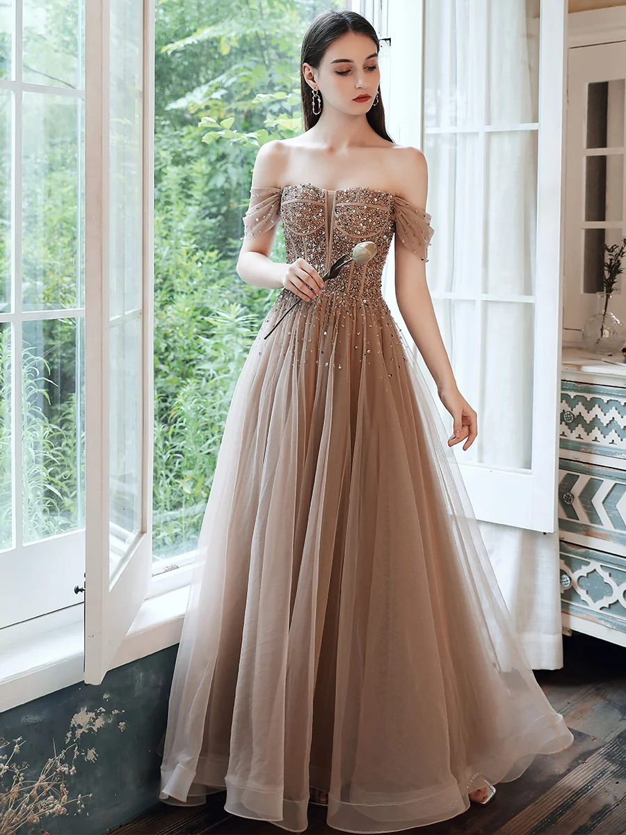 Light Luxury Formal Evening Dresses Off The Shoulder A-Line Sequin Banquet Gown French Fish Bone Slim Long Ball Gown