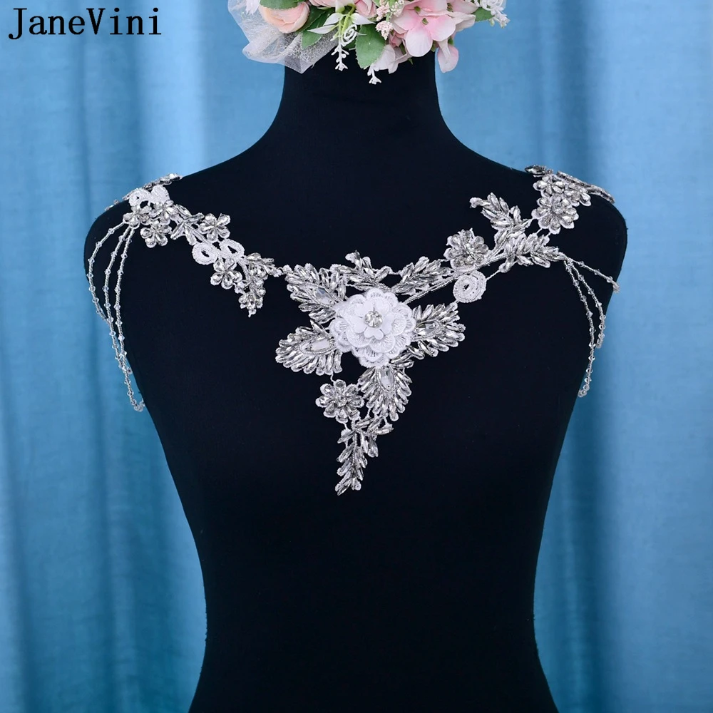 

JaneVini 2020 Fashion Bridal Chain Collar Necklace Lace Appliques Crystal Women Shoulder Chain Strap Wedding Jewelry Accessories