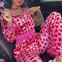 Spring/Fall Basic Tracksuit Velour Suit Zipper Up Heart Printed Pink Sweatshirt+Straight-leg Pant Women Velvet 2 Piece Set Women
