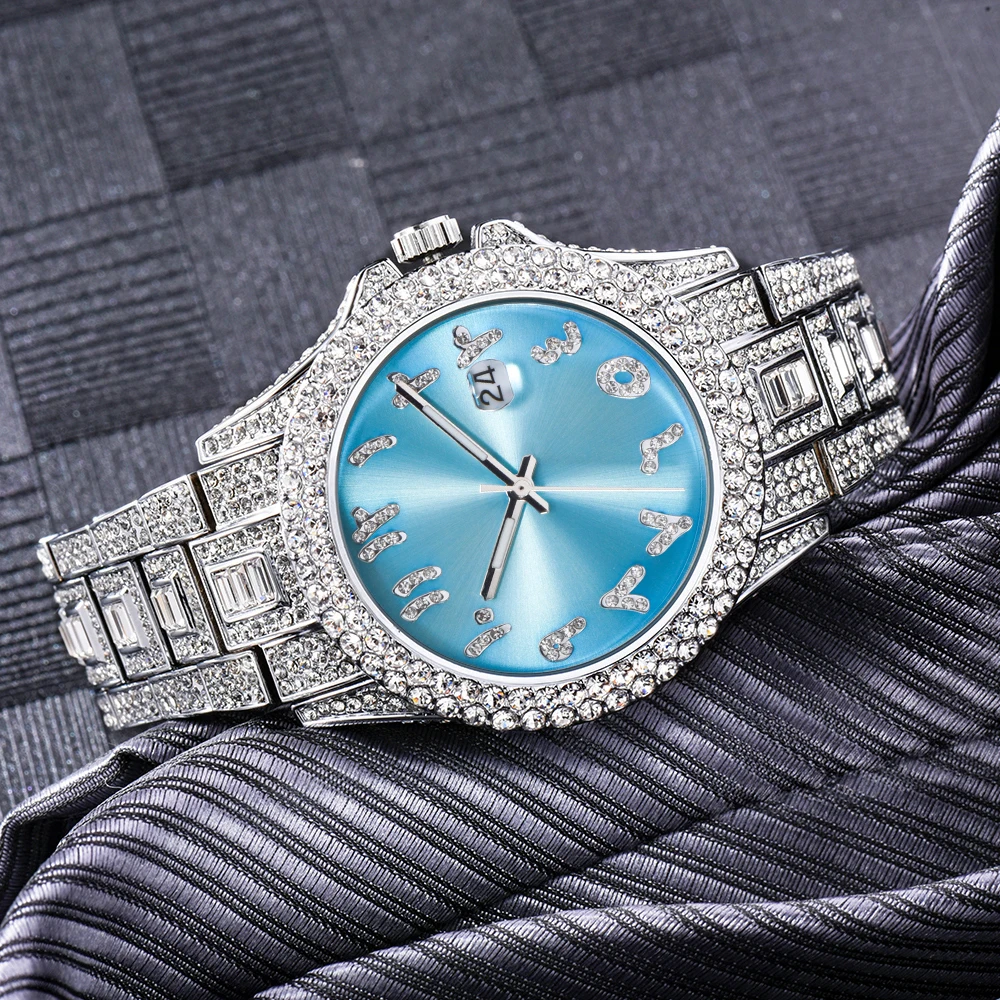 MISSFOX Ice Out Men's Watches Luxury Brand Square Diamond Blue Calendar Dial Watches Dropshipping New Relogio Masculino de Luxo