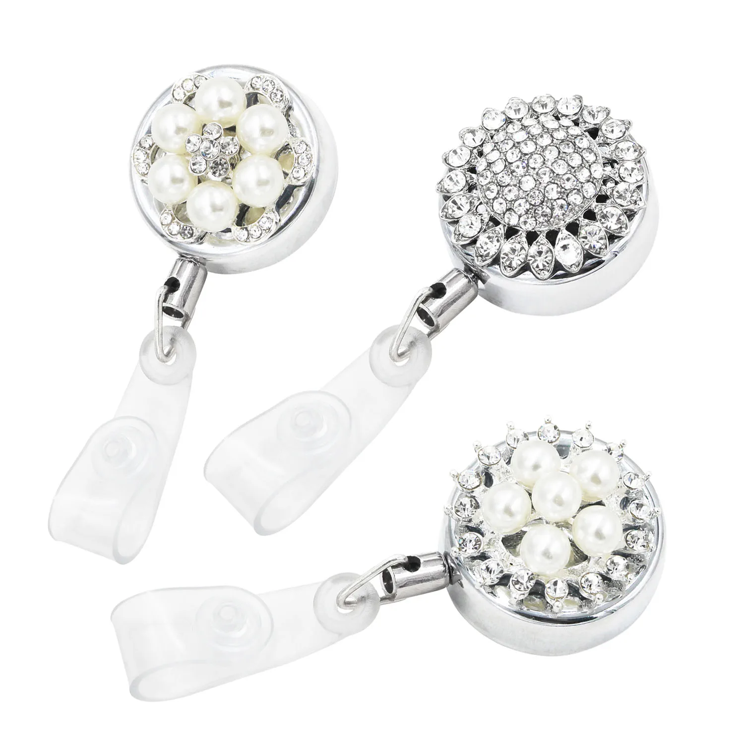 1PCS Bling Rhinestone Pearl Badge Reel ID Retractable Badge Holder Belt Clips Metal Heavy Duty Steel Wire Cord