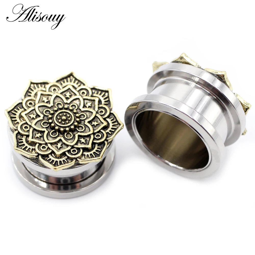 Alisouy 2pcs Stainless Steel Flower Leaf Sun Star Gear Skull Ear Tunnels Plugs Screw Ear Expander Gauges Body Piercing Jewelry