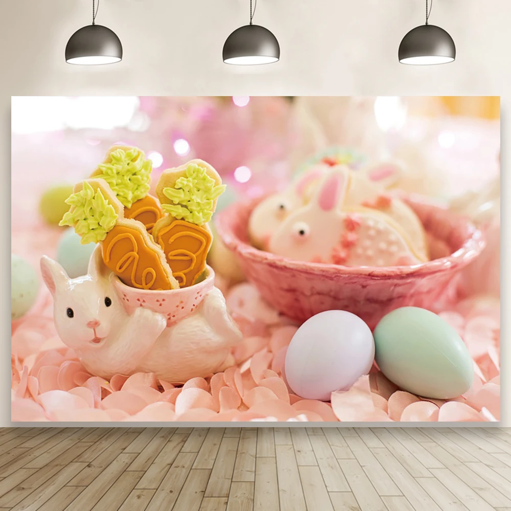 

Happy Easter Background Rabbit Colored Eggs Basket Decoration Baby Portrait Photography Backdrop Family Party Photocall Banner