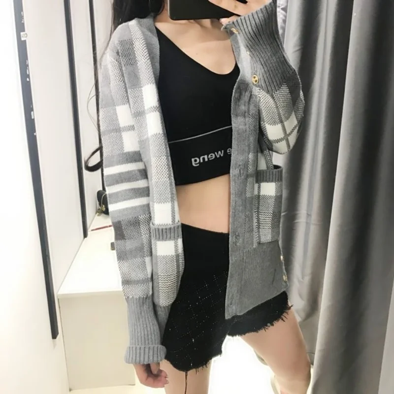 Preppy Autumn Style Women Knitting Lattice Cardigans Slim Fit V Neck Single Breasted Sweater Jacket Retro Ladies Casual Sweaters