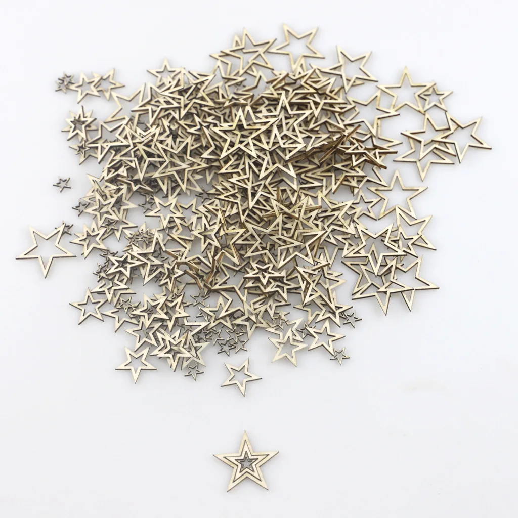 100pcs 10mm Wooden Stars Slices Mixed Size Wooden Hollow Out Star Embellishments Tags for Christmas Wedding Party Decorations