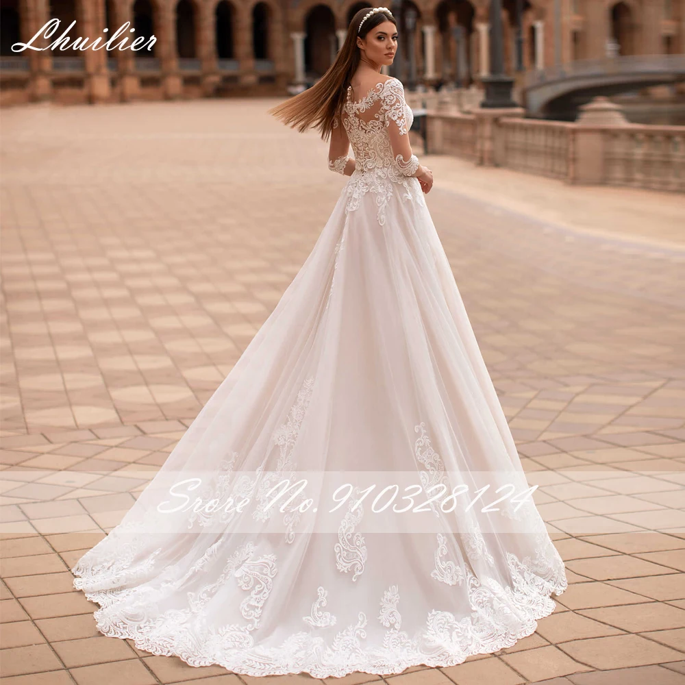 Lhuilier-vestidos de novia de tul con media manga y cuello redondo, vestido de novia elegante, corte en A, con apliques de encaje, longitud hasta el suelo