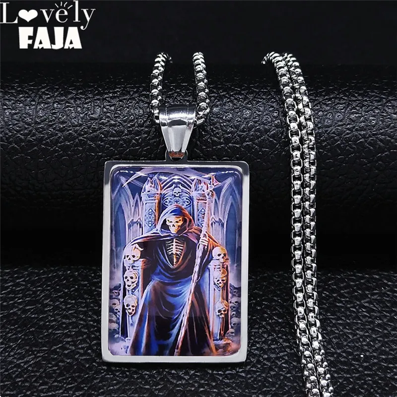 2024 Fashion Death Scythe Skull Stainless Steel Glass Geometry Chain Necklace Men Silver Color Jewelry colier homme NBLP29-4S03