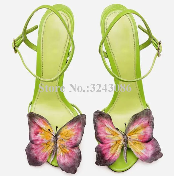 Nowy motyl do dekoracji zielony kolor sandały damskie buty Fashion Design cienki obcas pani sukienka sandały kobiece seksowne buty bankietowe