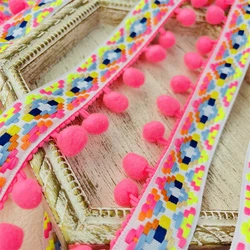 4cm Wide New Pink Cotton Lace Embroidered Ribbon Tassel Pompom Edge Trim Curtains Dress Splice Fringe Sewing DIY Guipure Supplie