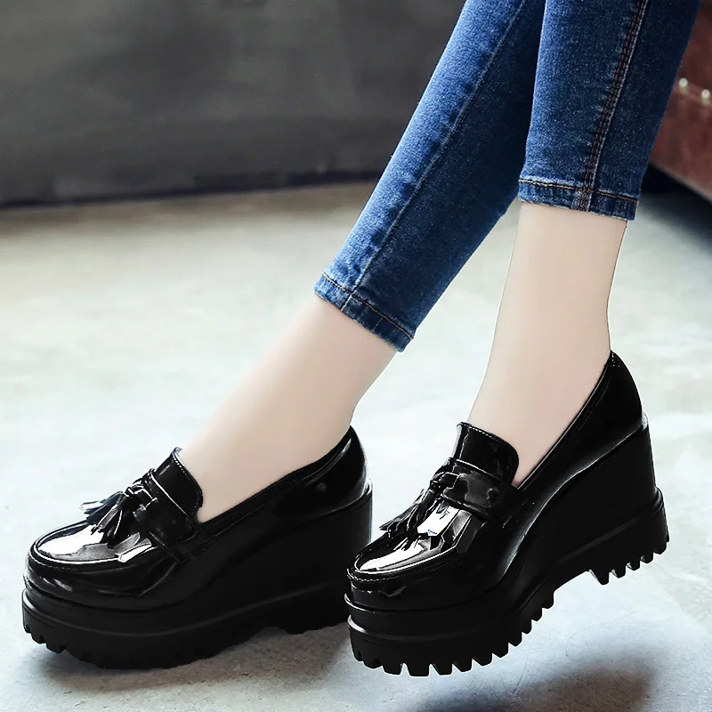 Brand Flat platform shoes woman high heels japanned leather derby fringe height increase wedges brogues student creeper mocasine