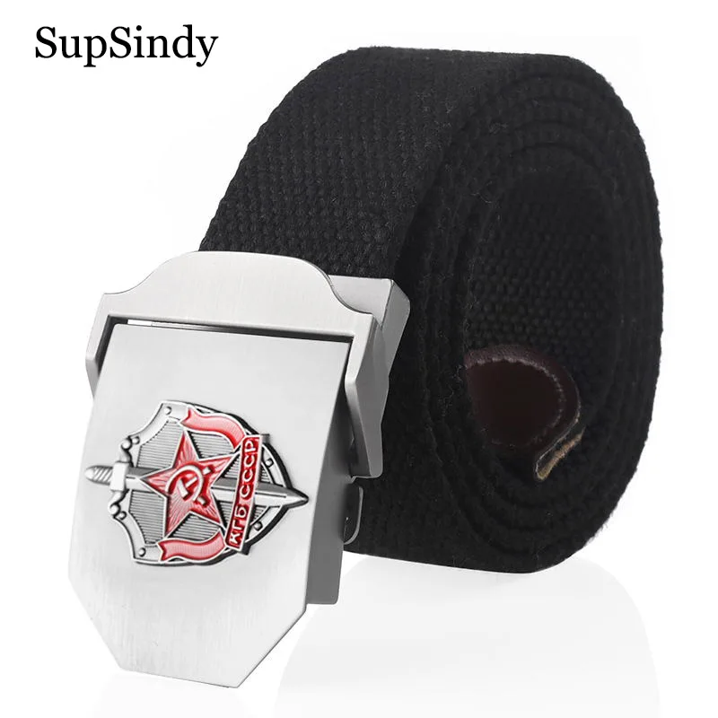 

SupSindy Man Canvas Belt 3D Soviet Glory KGB Metal Buckle Jeans Belts for Men CCCP Army Military Tactical Belts Male Strap Black