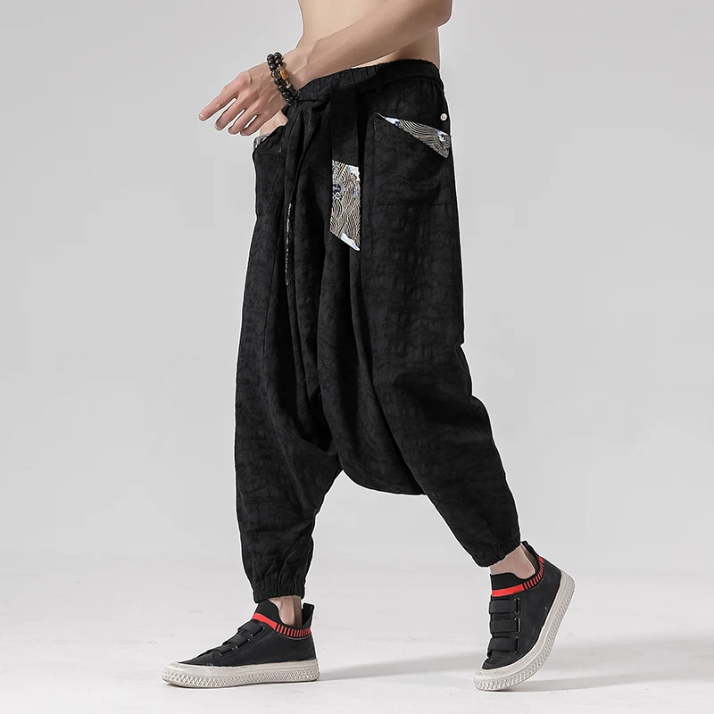 Men Hip Hop Baggy Cotton Harem Pants Mens Linen Wide Leg Trousers Male Chinese Style Vintage Cross Pants Crotch Robe Pants