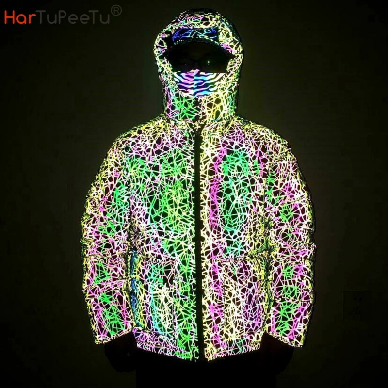 Winter Men Reflective Light Rainbow Jacket Safety Cotton Padded Warm Hooded Coat Nest Lines Print Plus Size Loose with Pockets