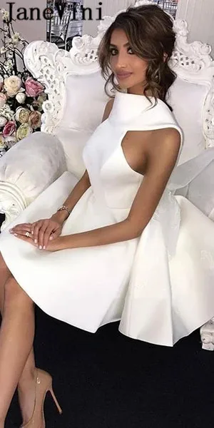 JaneVini-Vestidos cortos blancos de dama de honor de satén, línea A, Espalda descubierta, cuello alto, aplicación árabe, elegantes vestidos de invitados para bodas, hochzeit