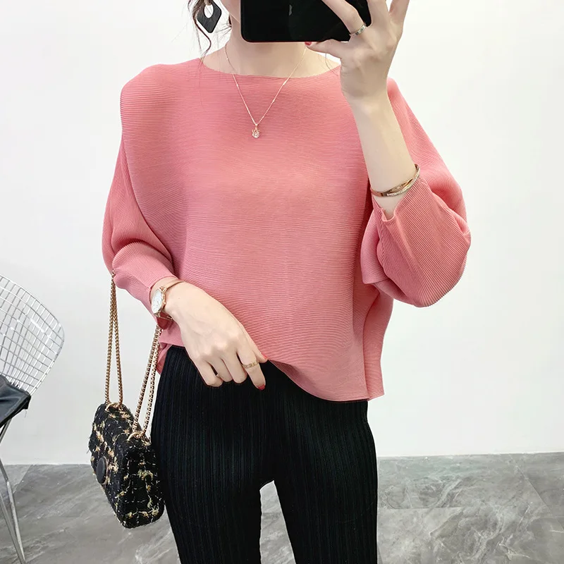 

Pleated Top Women's New Summer 2020 Loose Large Round Neck Solid T-shirt Bat Sleeve Large Women's Tops