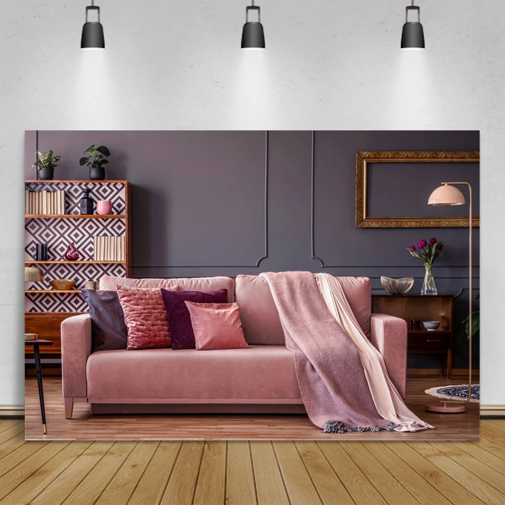 Laeacco Cozy Life Decor Living Room Bookshelf Sofa Wood Floor Party Interior Photo Background Photography Backdrop Photo Studio