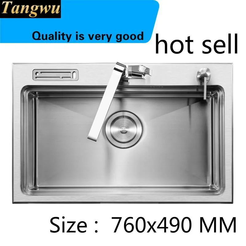 A Free shipping luxury big kitchen manual sink single trough fashion durable food-grade 304 stainless steel hot sell 760x490 MM