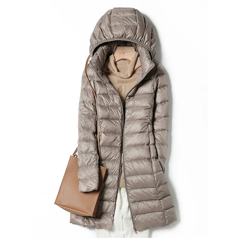 Chaqueta de plumón fina ultraligera para mujer, chaquetas largas con capucha de plumón de pato blanco, abrigo cálido de manga larga, Parka femenina,