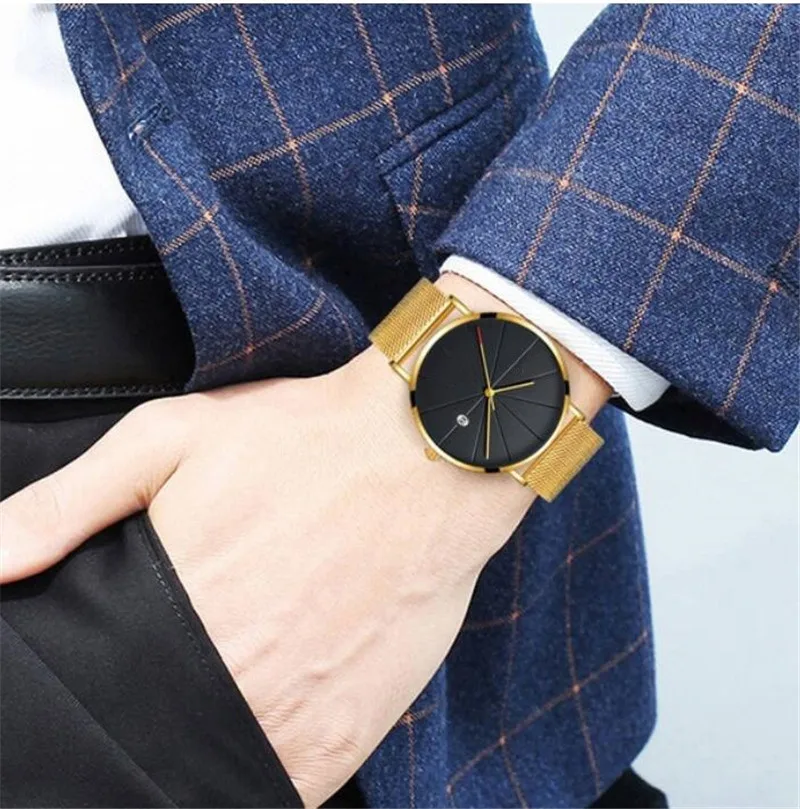 Luxury Men Watches Men Gold Watches Ultra Thin Mens Watches Stainless Steel Mesh Belt Quartz Watches Man Watches horloge mannen