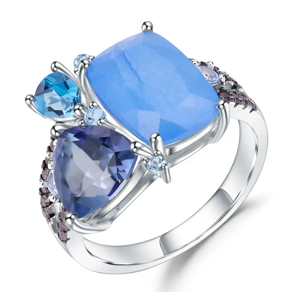 

GEM'S BALLET Natural Aqua Blue Calcedony Geometric Rings 925 Sterling Silver Gemstone Finger Ring for Women Jewelry Free Style