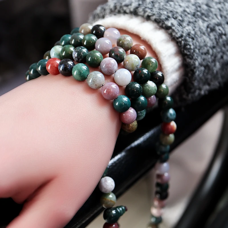 6mm Natural Aquatic Agates Beaded Bracelet for Girls Buddhist 108 Meditation Prayer Mala BRO780