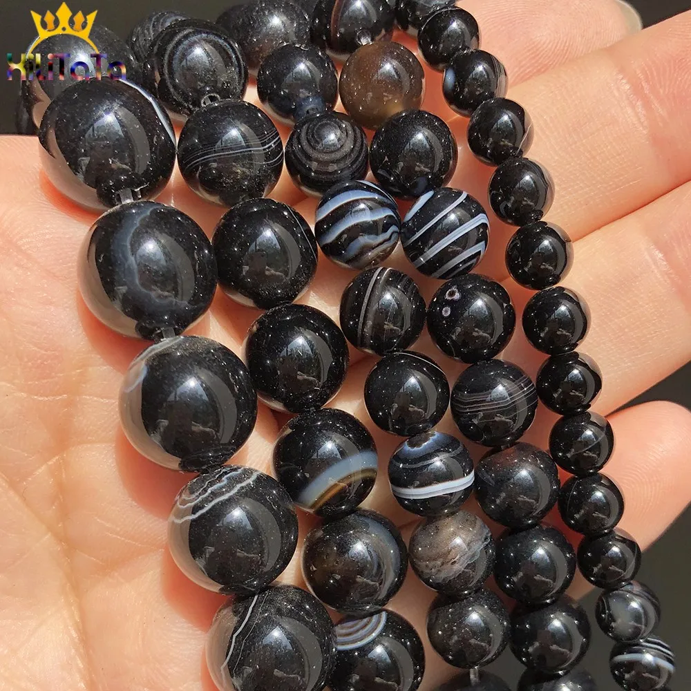 4 6 8 10 12mm Black Striped Agates Onyx Beads Roound Loose Spacer Beads For Jewelry DIY Making Bracelet Charms Accessories 15\'\'