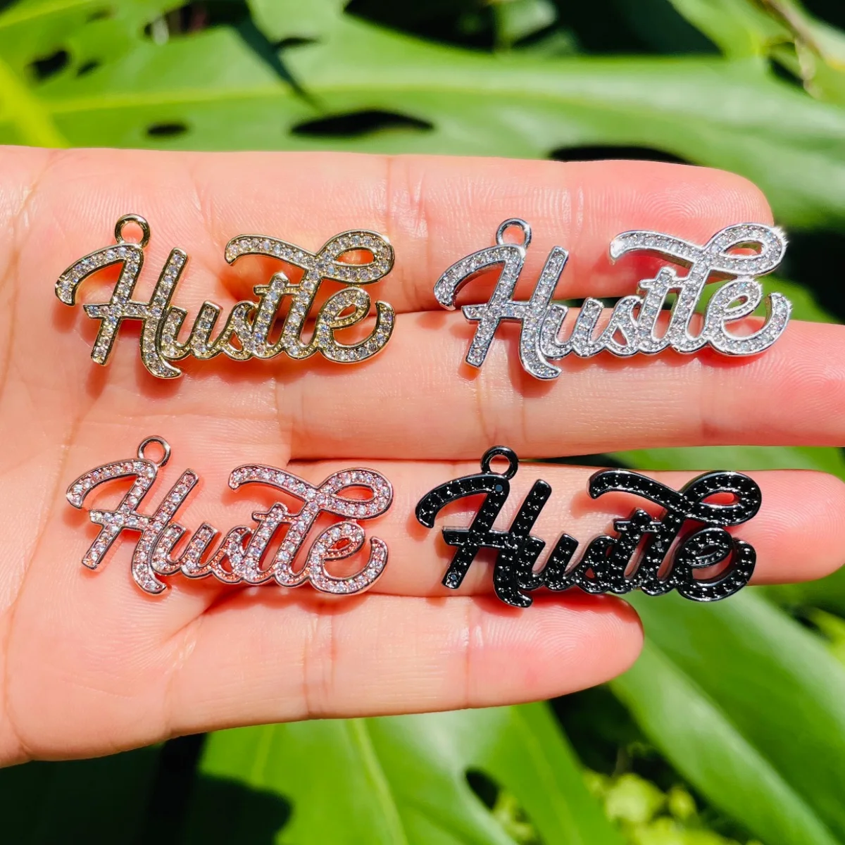 5pcs Hustle Word Charms for Women Jewelry Making Bling Crystal Stone Paved Letters Pendants Girl  Bracelet Necklace DIY Creation