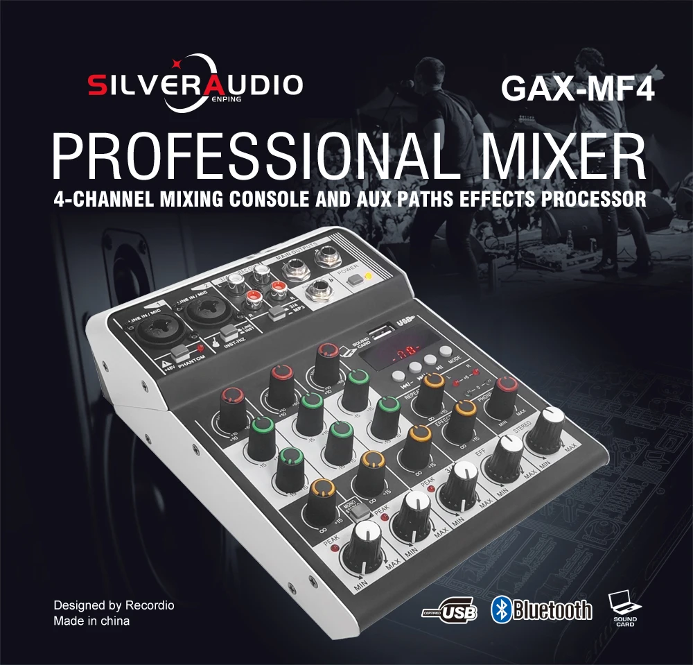 

GAX-MF4 4 Channels portable mixer console Best Price Audio Mixer Mini Family KTV 48v USB/BT Effects Record