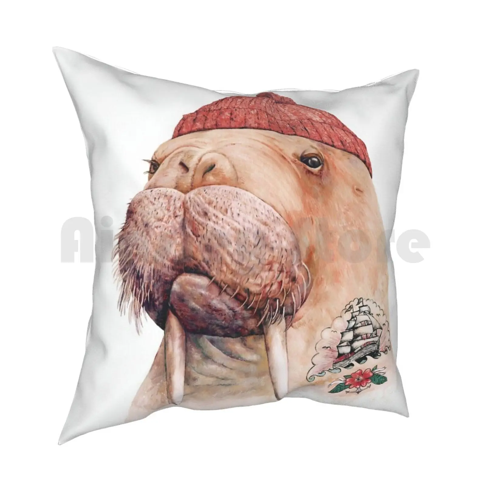 Tattooed Walrus ( Red ) Pillow Case Printed Home Soft DIY Pillow cover Tattoo Tattooed Walrus Sailor Sea Animal Awesome