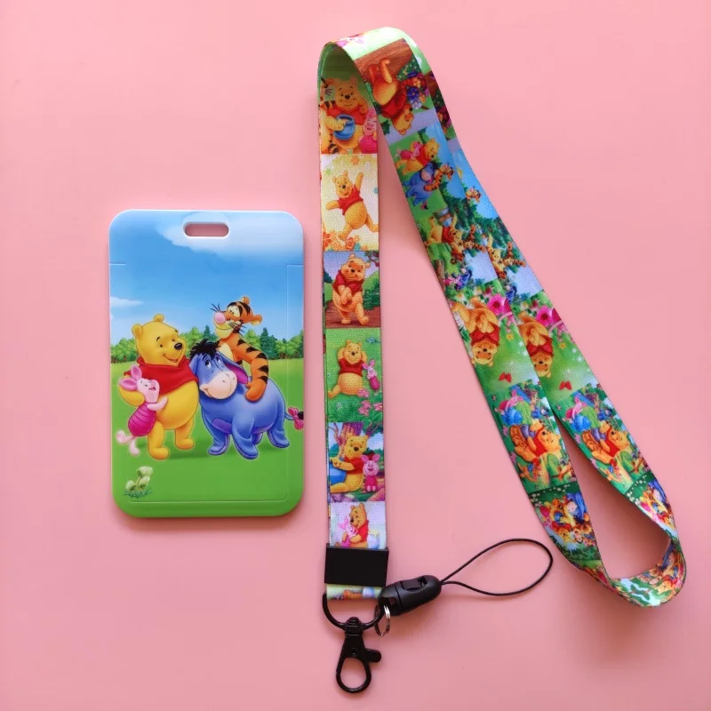 Disney Winnie Pooh Bear-funda con cordón para tarjeta de crédito, soporte para insignia de identificación para niños, funda para pase de autobús, correa para el cuello, Protector de tarjeta