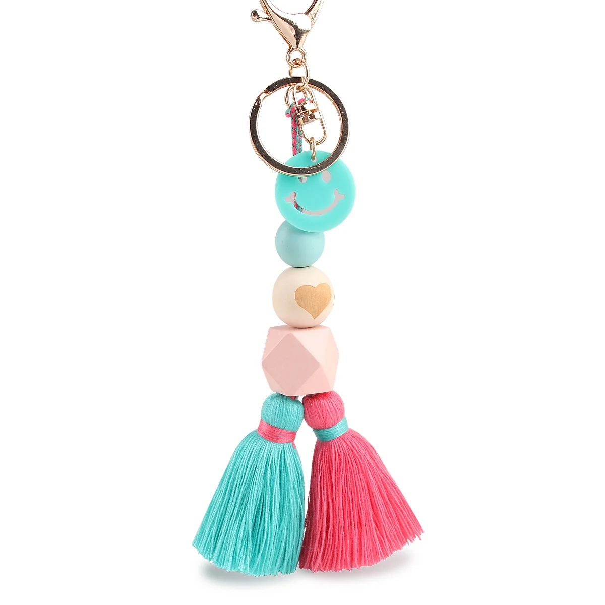 Colorful Wood Beads Tassel Keychain Smile Face Flower Rainbow Key Ring For Women Handmade Friendship Summer Jewerly Gifts