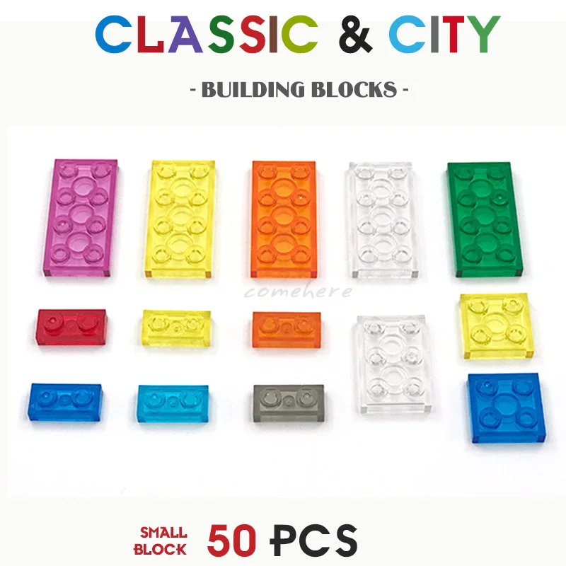 

50pcs DIY Blocks Building Bricks Color Transparent Sheet Low Brick Building Bricks Boys Girls Kids Educational Toys 1X2 2X2 2X4