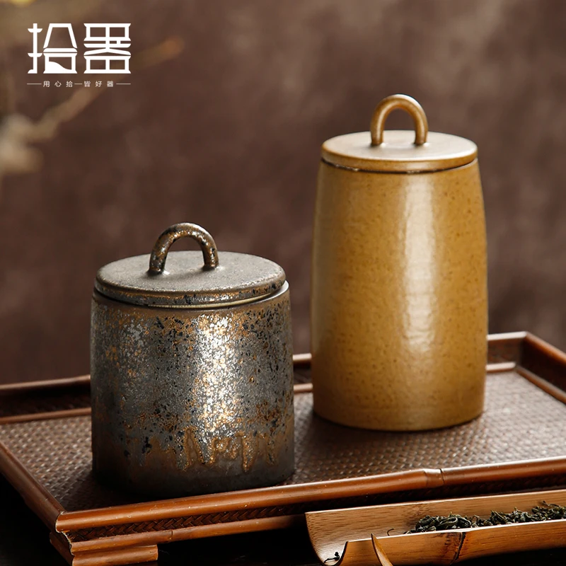 

Rough pottery tea can wake up tea can Japanese style tea storehouse ceramic sealed storage can Pu'er Retro Tea box packaging tea