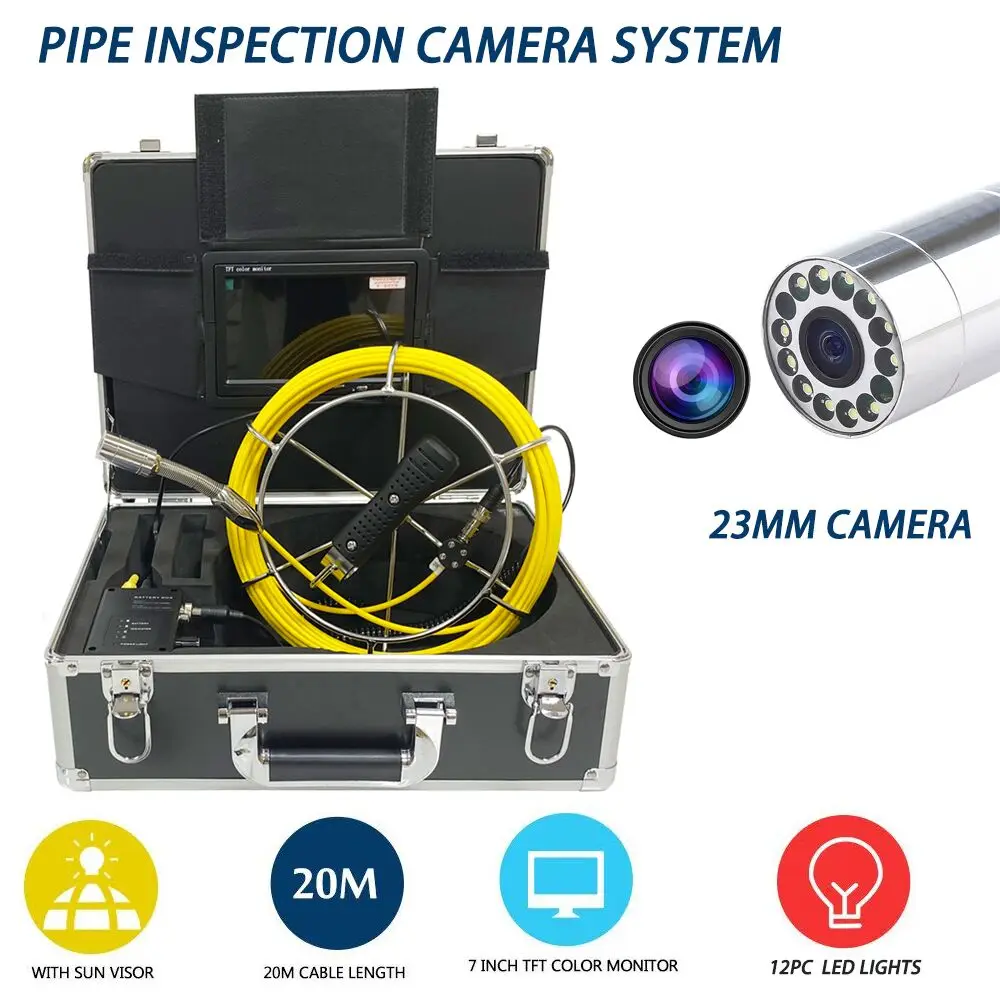 

7" LCD 20-50m Waterproof Pipe Inspection Camera Drain 23mm Len Sewer Pipeline Industrial Endoscope System 12pcs LEDS Adjustable