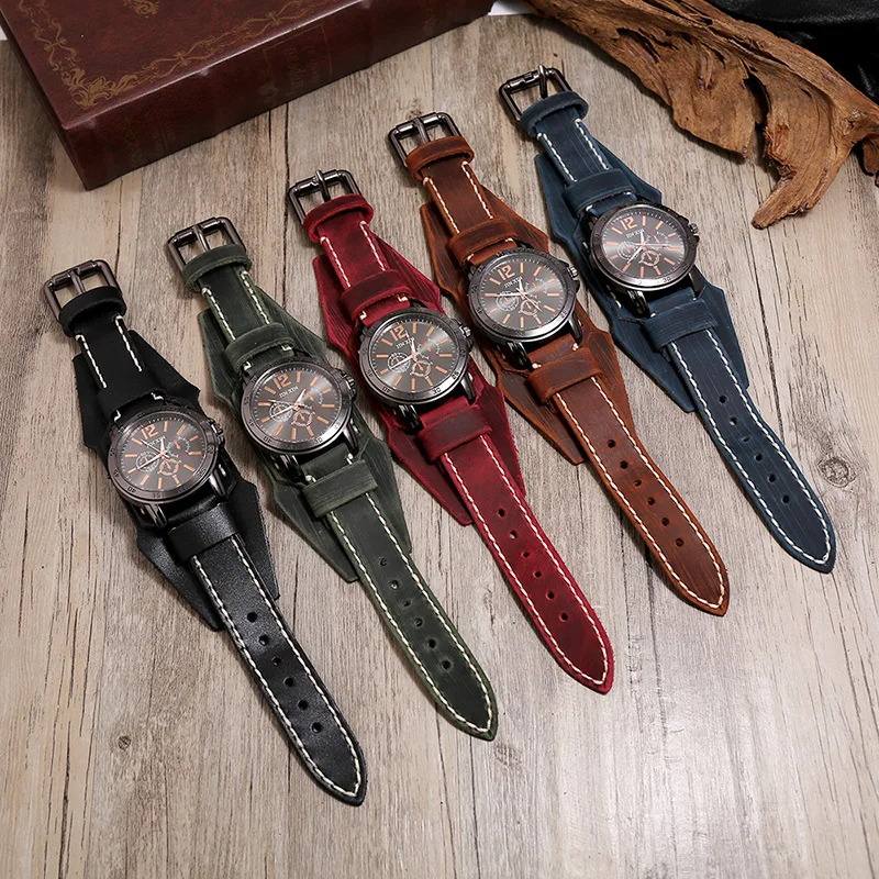 Fashion Vintage Cowhide Men Watch European American Punk Wide Leather Brown Green Red Blue Black Wristwatch