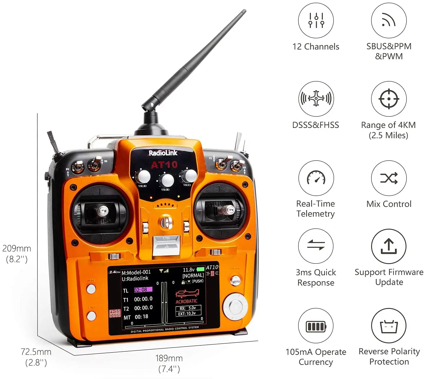 Radiolink AT10II 2.4Ghz 12 Channel RC Transmitter and Receiver R12DS AT10 II PRM-01 Voltage Return for RC Drone Airplane Quad