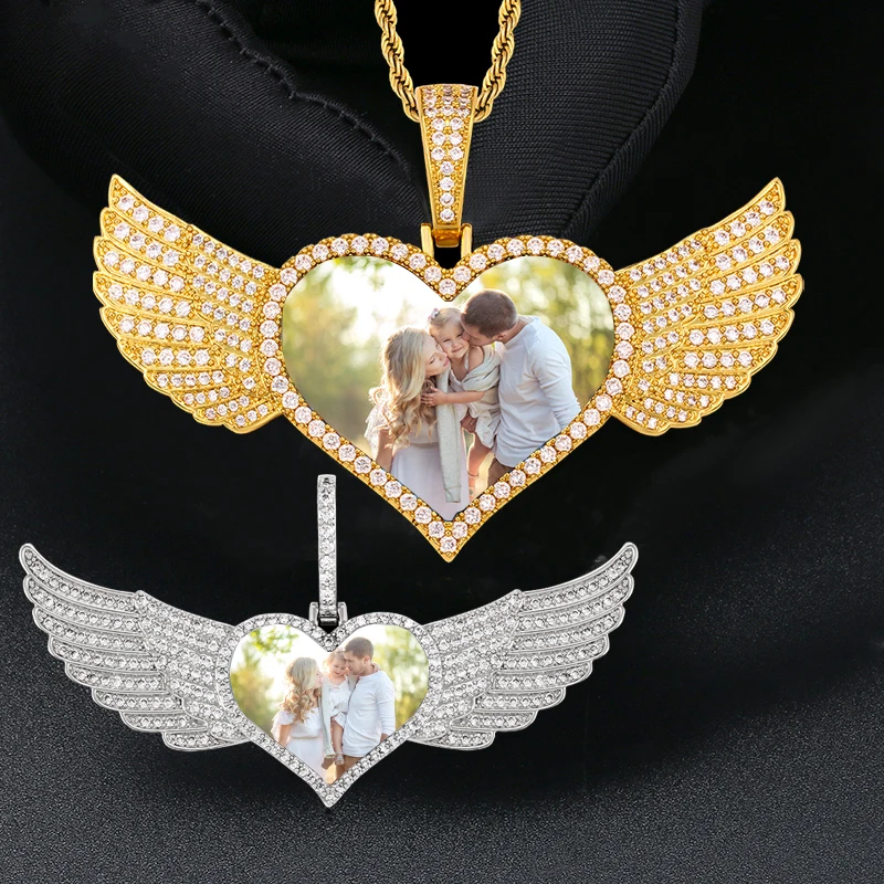 Angel Wings Memory Medallions Custom Photo Heart Pendant Necklace Men Women Hip Hop Jewelry Personality Engraved Name Pendant