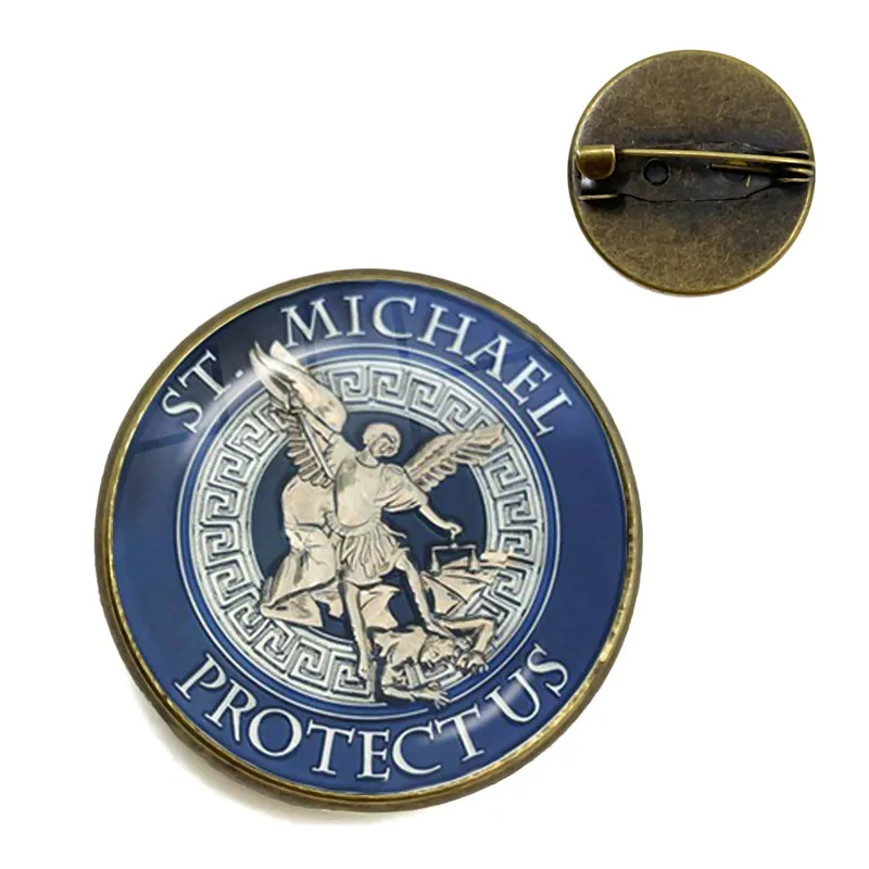 Hot St.Michael Brooches Fashion Protect Me Saint Shield Protection Justice Collar Pins Talisman Christian Holy Gifts For Friends