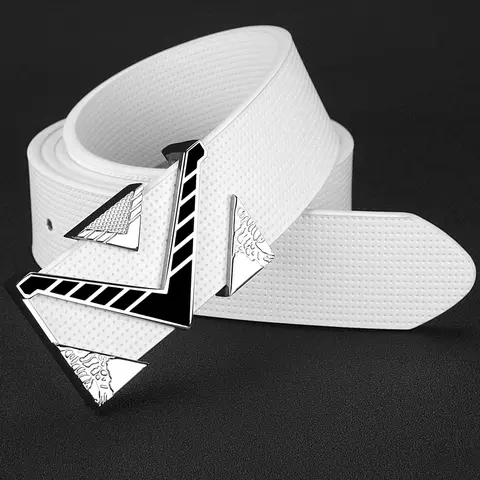 Hebilla con letra en V, cinturón con hebilla dorada, hebilla con personalidad a la moda para hombre, correa de lujo de cuero genuino blanco, ceinture homme de alta calidad