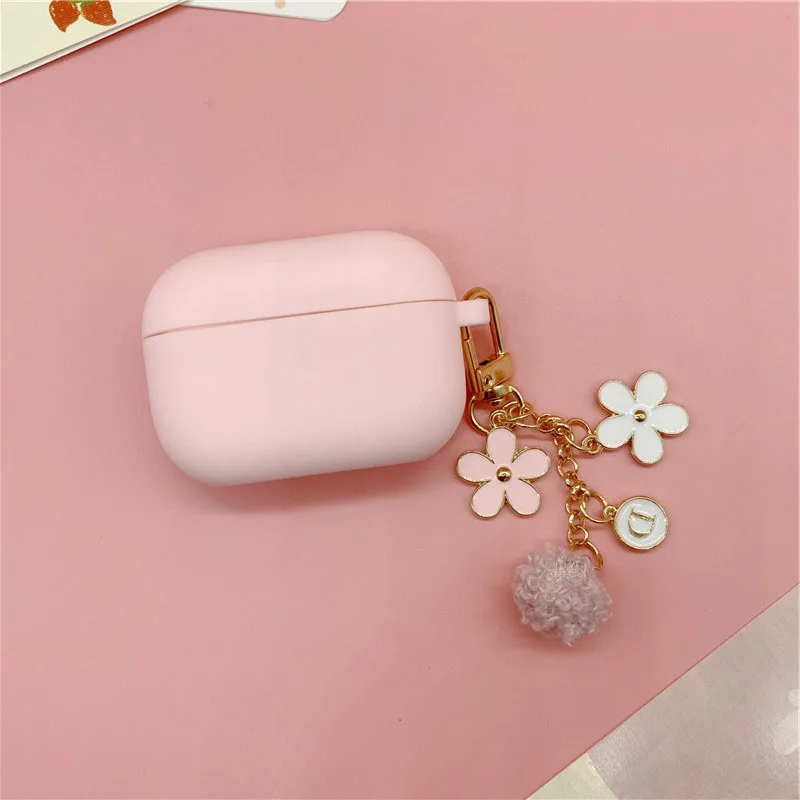 Korea Cute Letter Flower Hairball Keychain Pink Silicone Earphone Case For Apple Airpods 1 2 Pro 3 Bluetooth Headset Cover Sweet