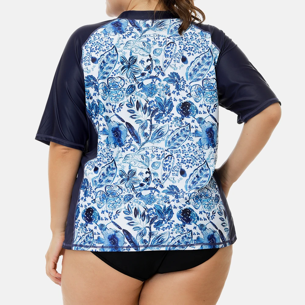 Anfilia Women Short Sleeve Rashguard Retro Floral Print Swimsuit Shirts Womens Plus Size Swimwear UPF50+ Rash Guard Beach Wear