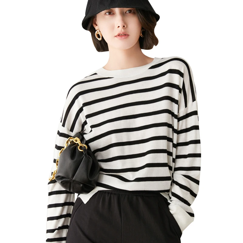 New Arrival Spring and Autumn Wool Sweater Women stripe Long sleeve O-neck Pullovers Knitted wool Sweaters