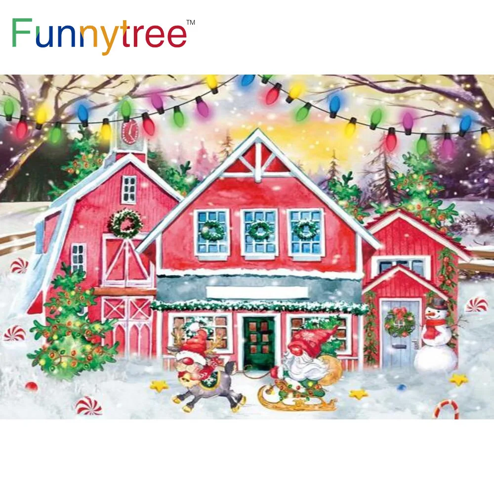 

Funnytree Winter Christmas Party Background Colourful Lights Banner Barn Snow Scenery Santa Reindeer Tree Photozone Backdrop