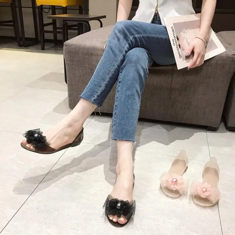 Flower Jelly Shoes Women Plastic Summer Sandals Flat Heel 2021 New Transperant Slip On Holiday Sandals Jelly Casual Shoes Ladies