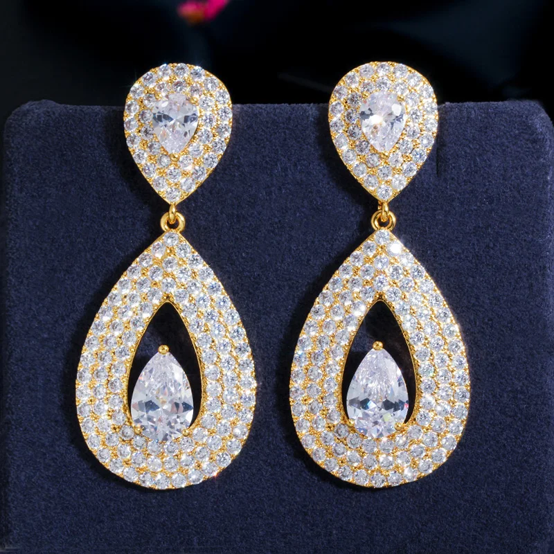 

CWWZircons Top Quality Shiny Tear Drop Cubic Zirconia 585 Gold Color Long Dangle Pendant Earrings for Women Party Jewelry CZ653