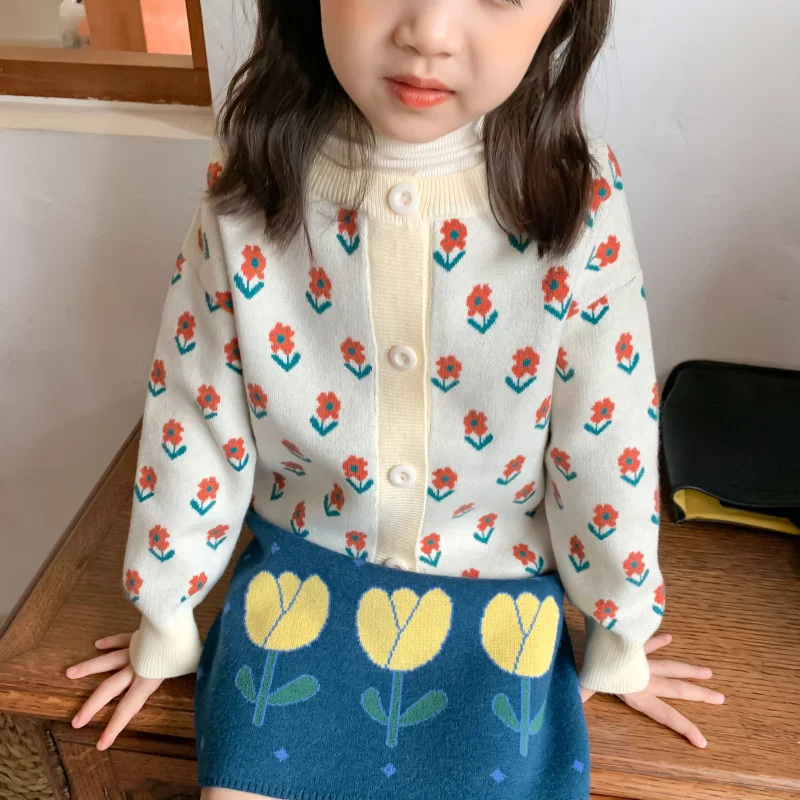 Korean style Girls Cute Floral Knitted Cardigan Coats Autumn Winter Baby Girl Loose Soft Sweaters Children O-Neck Sweater