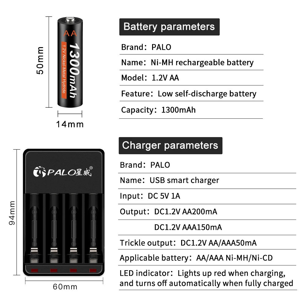 Bateria PALO 1.2 V AA 1300 mAh akumulator AA z ładowarka LED, 1.2 V Ni-MH AA baterie do zegarów, zabawek