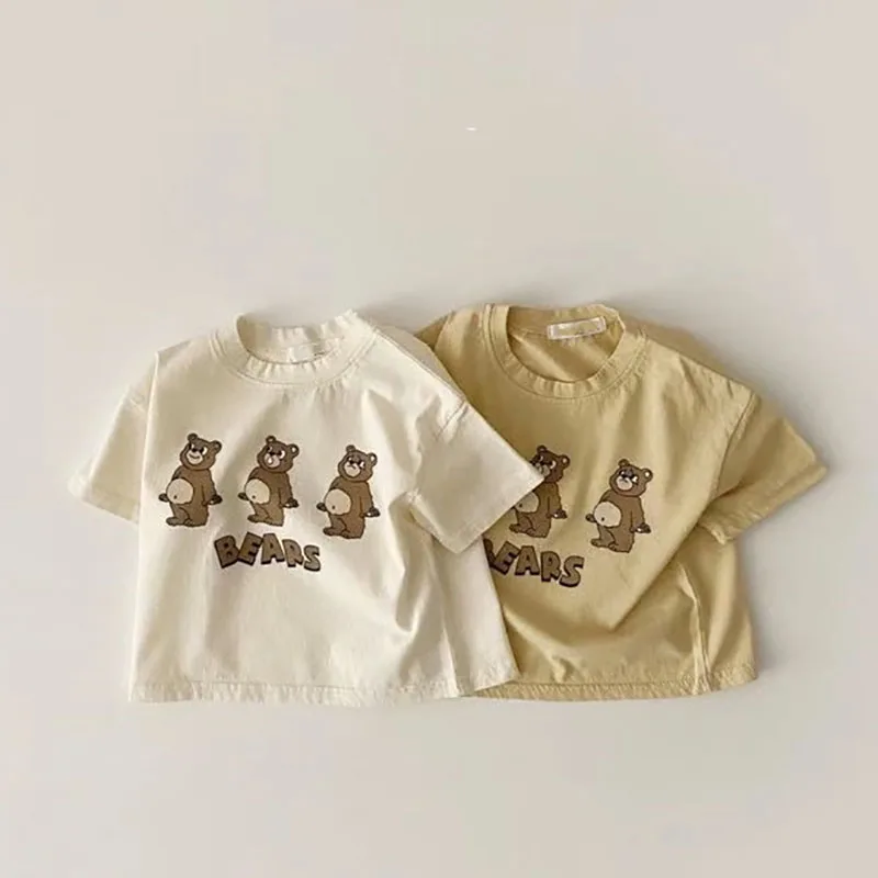 MILANCEL Summer Baby Clothes Cute Bears Print T-shirt Solid Infant Tops Korean Cotton Toddle Tees Simple Casual Outwears