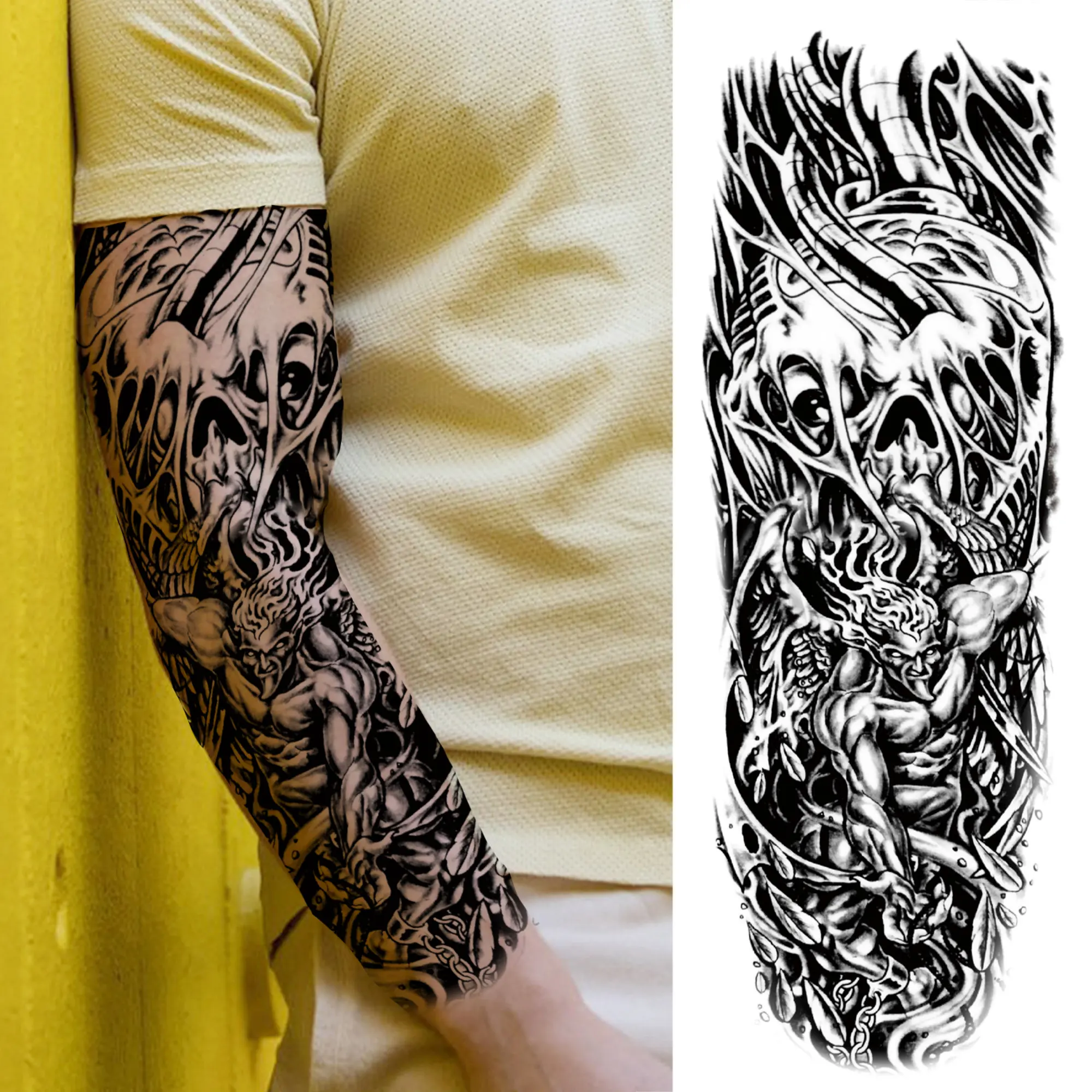 Manga de tatuajes temporales de brazo de Robot brújula para hombres y mujeres, calaveras falsas realistas, Ángel, tatuajes de brazo completo, tótem