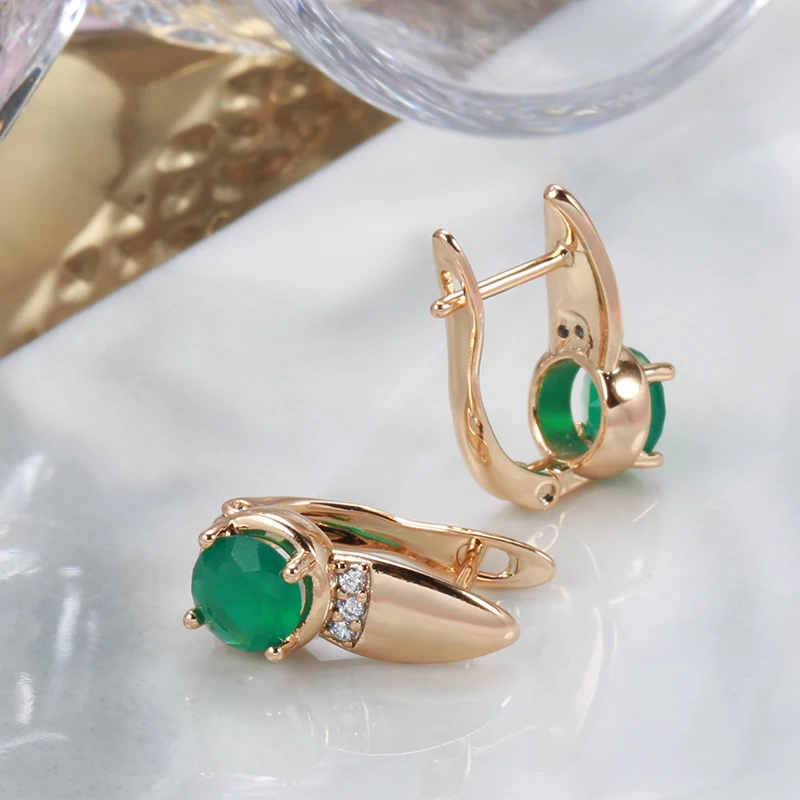 Kinel New Emerald Round Cut Natural Zircon Earrings Ring Sets for Women 585 Rose Gold Clip Earring Party Fashion Jewelry Sets